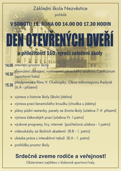 19. 10. – Den otevřených dveří – 110 let školy, 14.00 – 17.30 hod. 